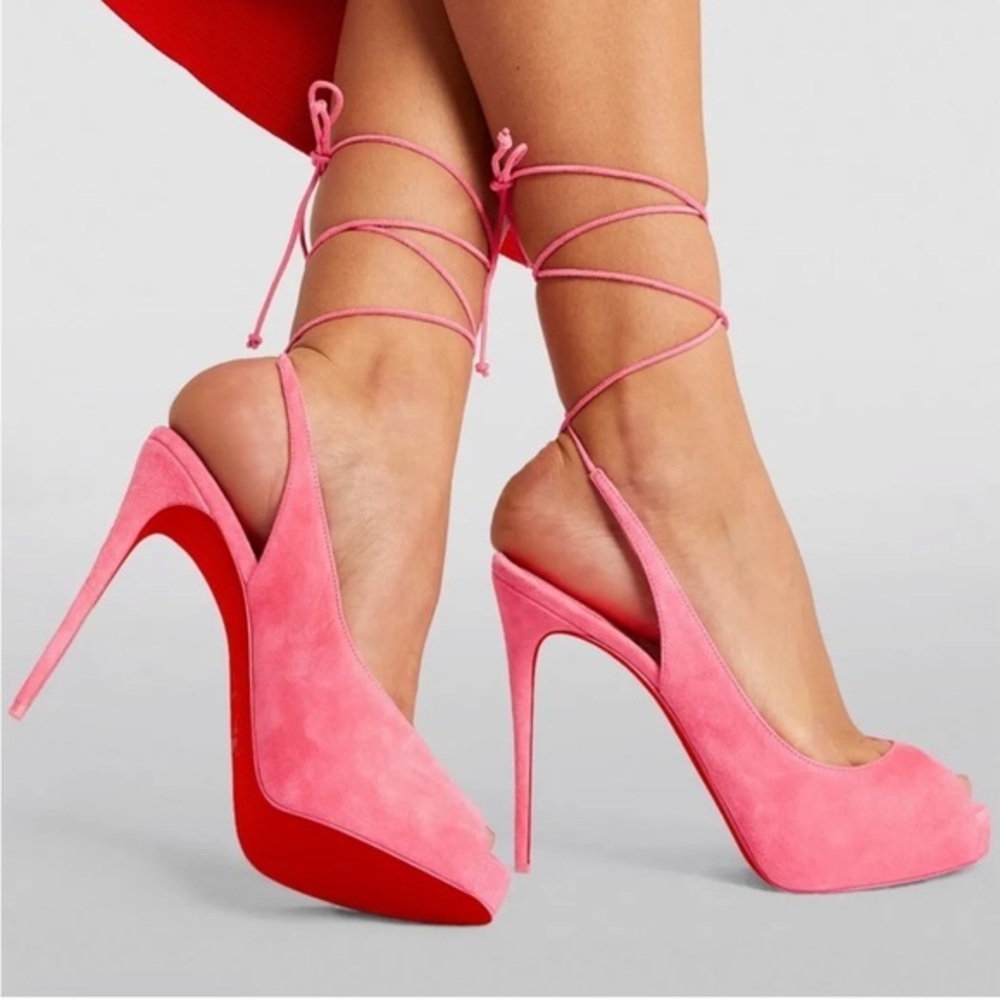 CHRISTIAN LOUBOUTIN Lace Up NVP Pink Suede Peep Toe Wraparound Pumps Siz…